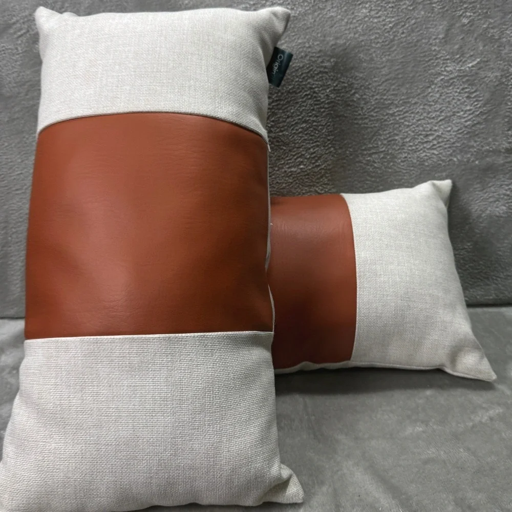 Set of 2 MCM Style Lumbar Throw Pillows Ivory Linen Faux Leather Minimalist